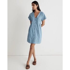 Madewell button front Blue v neck eyelet mini dress NWOT size XS